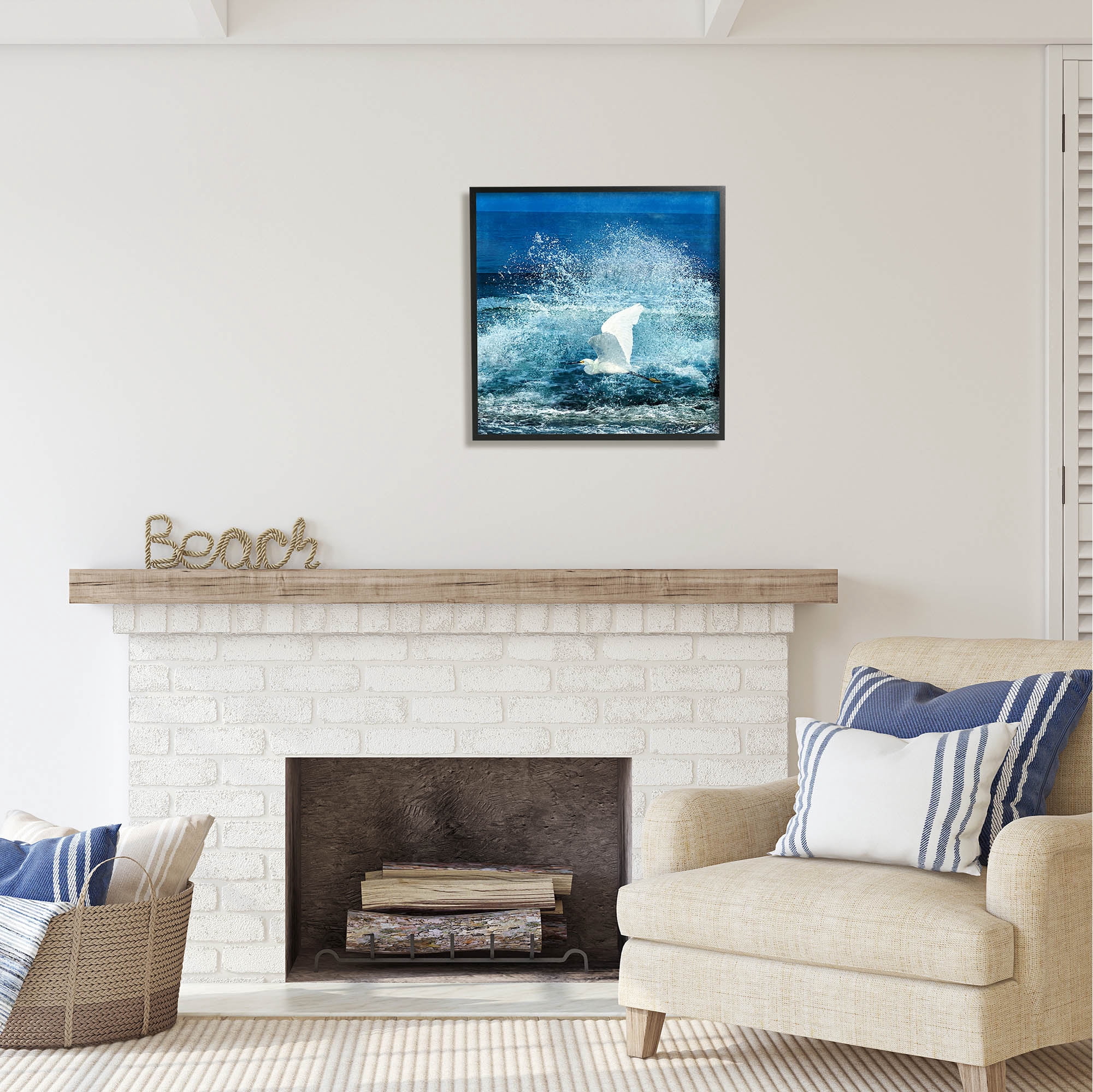 Stupell Industries Egret Flying Waves Splashing Coastal Painting Black Framed Art Print Wall Art