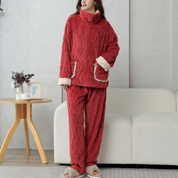 Aueoeo Pajamas Set for Women Soft Comfy Fleece Zipper Top Pjs Pants Loose Furry Sleepwear Loungeswear for Winter Green L
