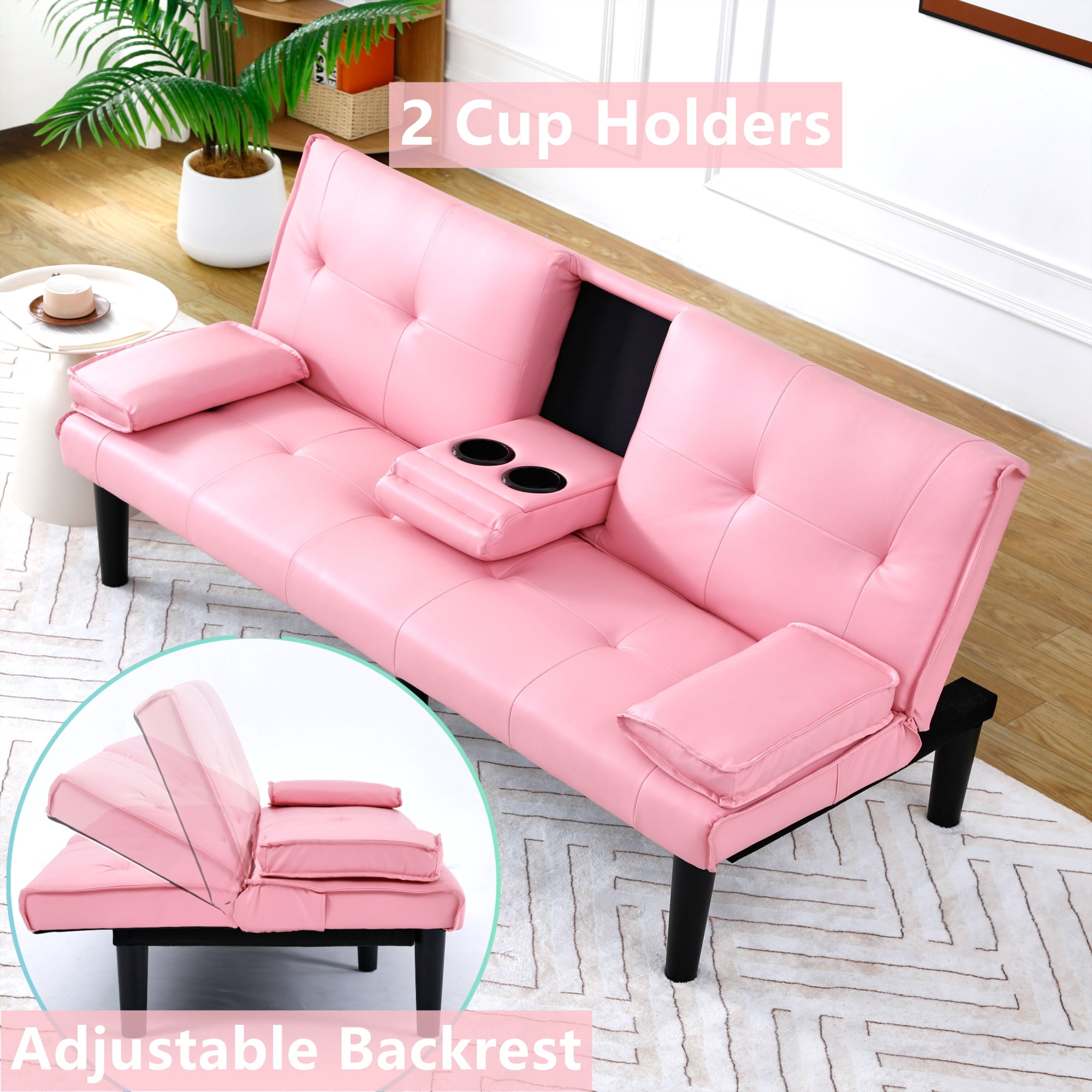 Aukfa Leather Futon Convertible Sofa Bed with 2 Cup Holders&Pillows, Twin Size, Pink