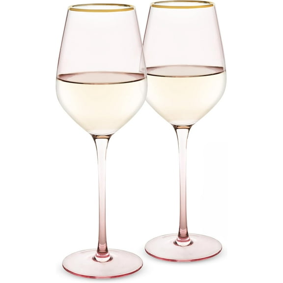 Rose White Wine Glasses, Gold Rimmed Pink Tinted Crystal Wine Glass Set, Stemmed Wine Glasses, Set of 2, 14 Ounces