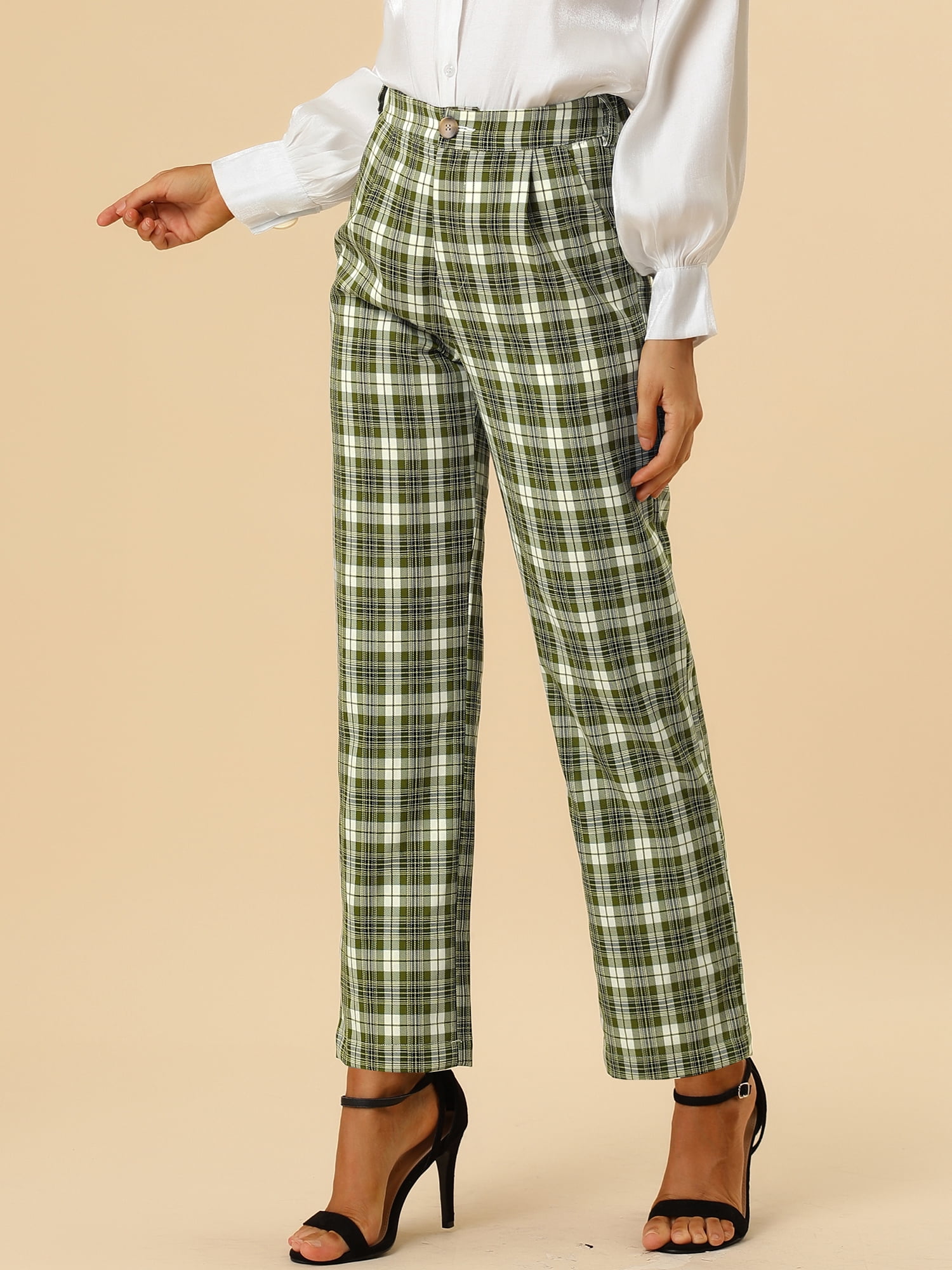 DARING DIVA Women's Plaid Trousers Pockets Straight Leg Casual Pant S Green