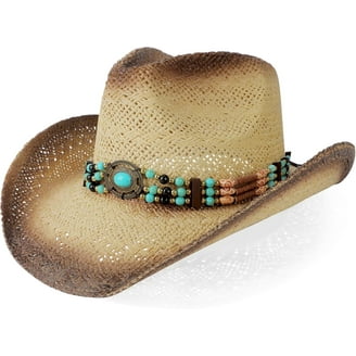 Chapeau Cowboy / Cowgirl En Suède Beige - Large Bord, Ruban Turquoise (taille Unique)