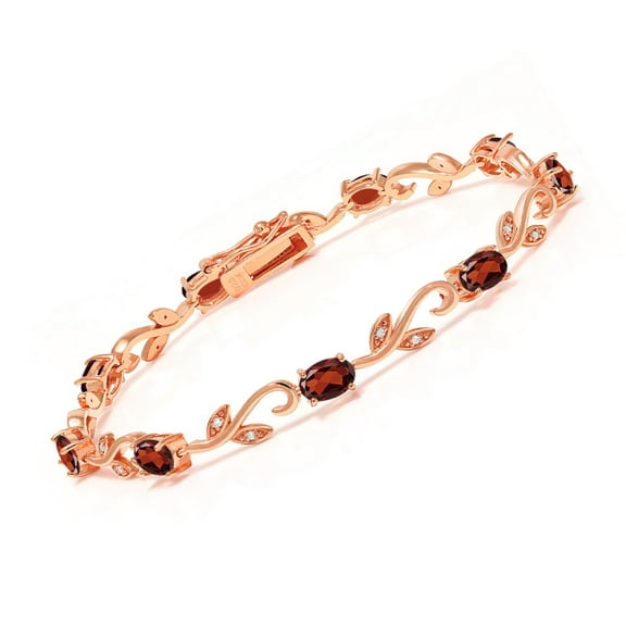 Gem Stone King 5.26 Ct Oval Red Garnet White Diamond 18K Rose Gold Plated Silver Bracelet for Women