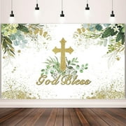 God Bless Baptism Backdrop First Holy Communion Party Decorations Christening Ceremony Newborn Baby Shower Banner Vintage Photography Background Decor Favors, 71'' x 43''