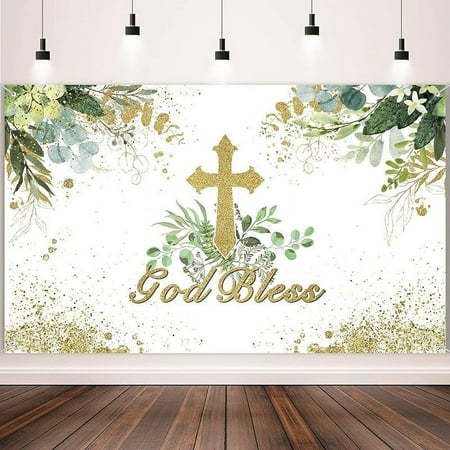 God Bless Baptism Backdrop First Holy Communion Party Decorations Christening Ceremony Newborn Baby Shower Banner Vintage Photography Background Decor Favors, 71'' x 43''