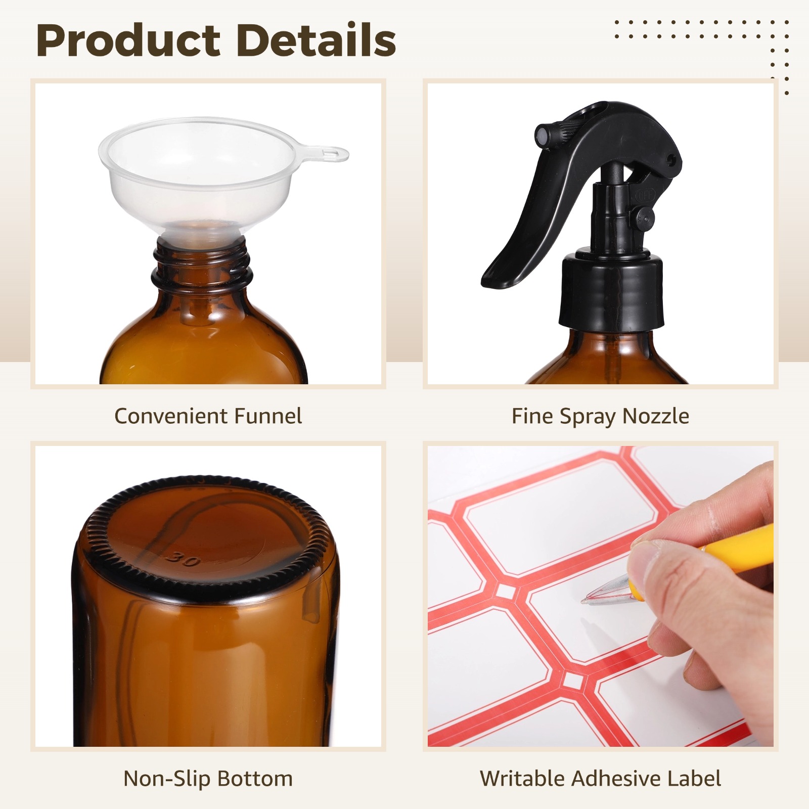 24 PCS 8 oz Glass Spray Bottles, Brown Glass Sprayer with Funnels and Labels, Refillable Fine Mist Trigger Bottles for Essential Oils, Cleaning Solutions, Haircare, Plants, Room Fresheners, DIY Cosme