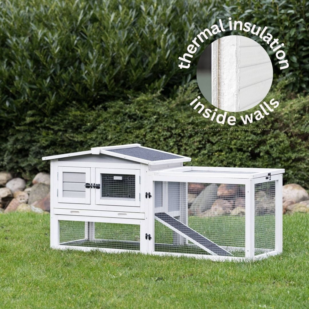 TRIXIE Weatherproof Outdoor 2-Story Wooden Small Animal Hutch with Large Run & Tray, Gray