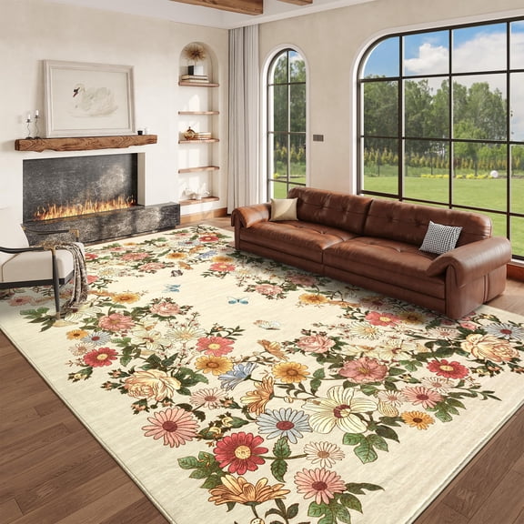 Area Rug for Living Room 8x10, Washable Non Slip Rug, Beige | Floral Soft Low Pile Ultra-Thin Carpet for Bedroom, Dining Room, Living Room