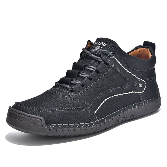 PLERISE Men's Mid-Top Casual Handmade Leather Shoes, Vintage Stitched Barefoot Design, Comfortable Spring and Autumn Footwear for Walking, Travel, and Everyday Wear