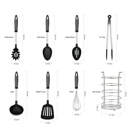 

8Pc Kitchen Cooking Tool Set -Ladle Pasta Server Slotted Turner Solid Spoons Whisk Tong-Caddy Black
