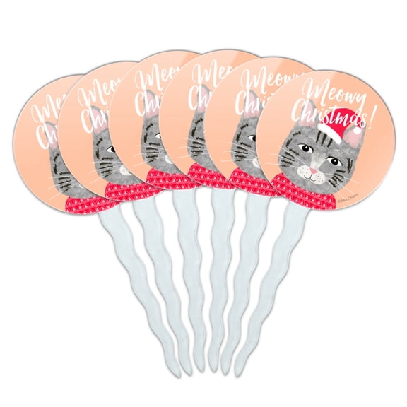Meowy Merry Christmas Cat in Sweater and Hat Cupcake Picks Toppers Decoration Set of 6
