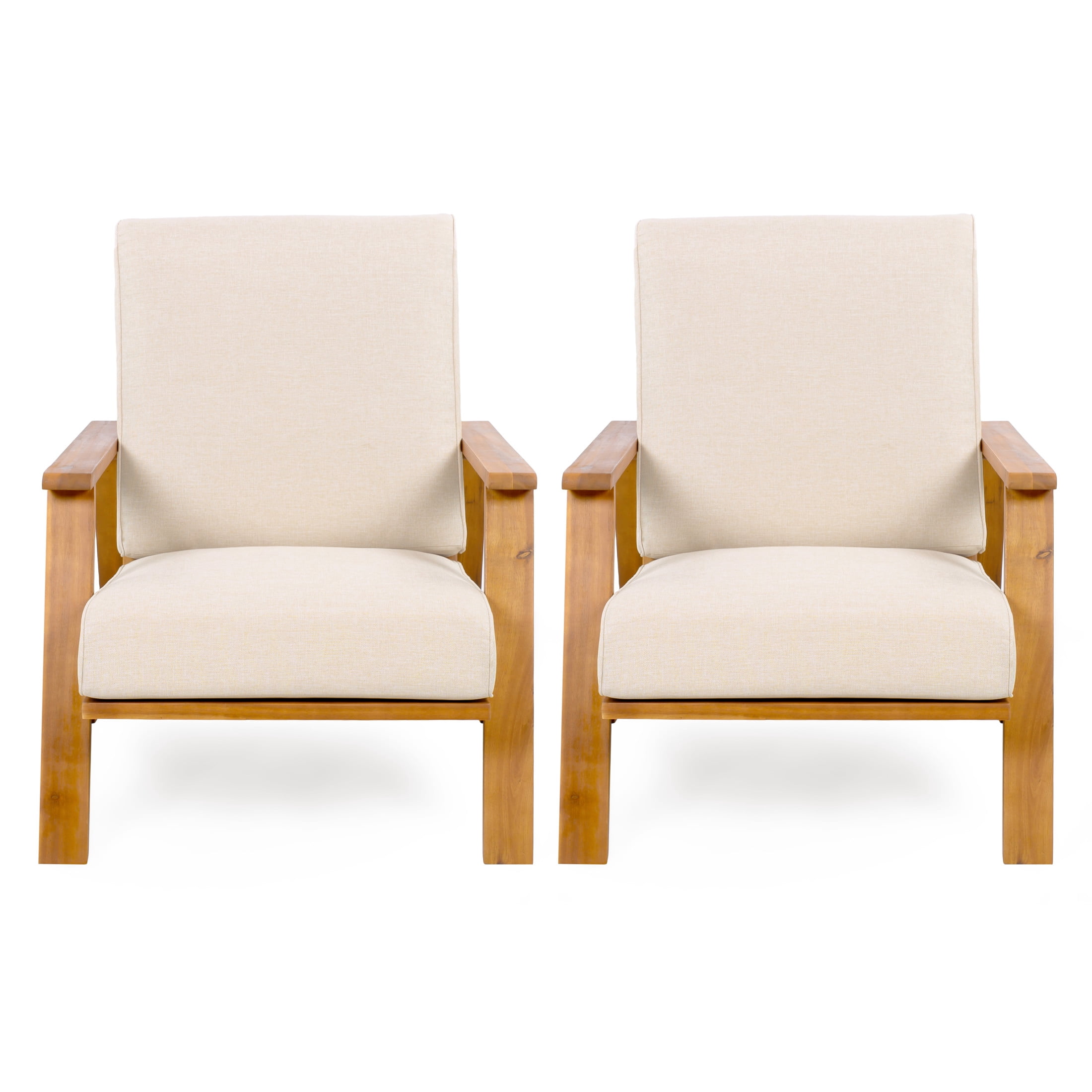 Christopher Knight Home Outdoor Patio Lounge Chair, Wood Frame with Deep Seating, Beige Cushions, Teak Finish, Set of 2