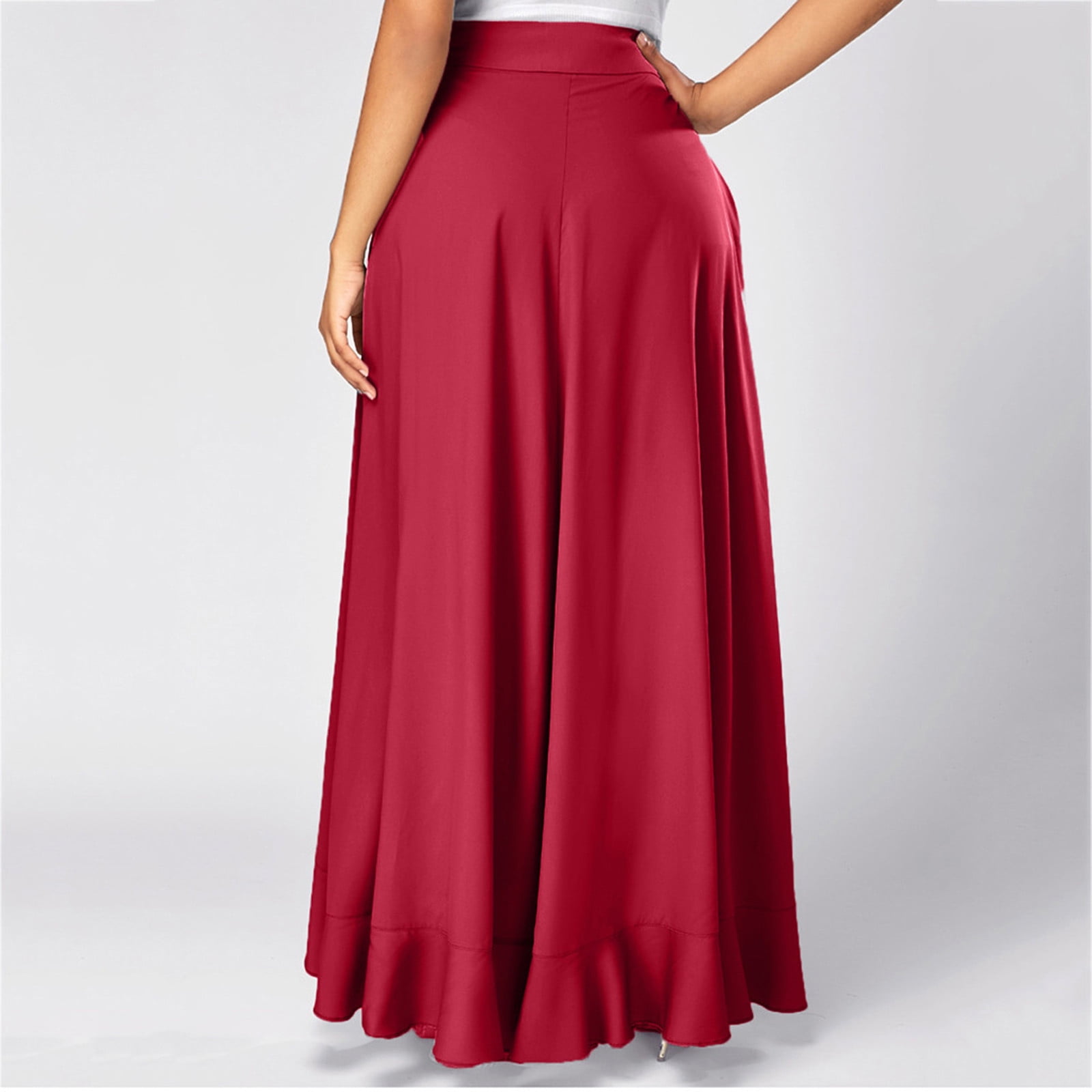 Satin Long Skirt for Women High Waisted Solid Color Ruffle