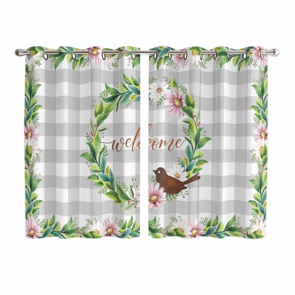 Spring Botanical Kitchen Curtains Window Panels, Garden Birds Floral Leaves Gray Plaid Insulated Window Treatment Curtain, Grommet Curtains for Bedroom/Living Room/Bathroom, 2 Piece 52"Wx63"L