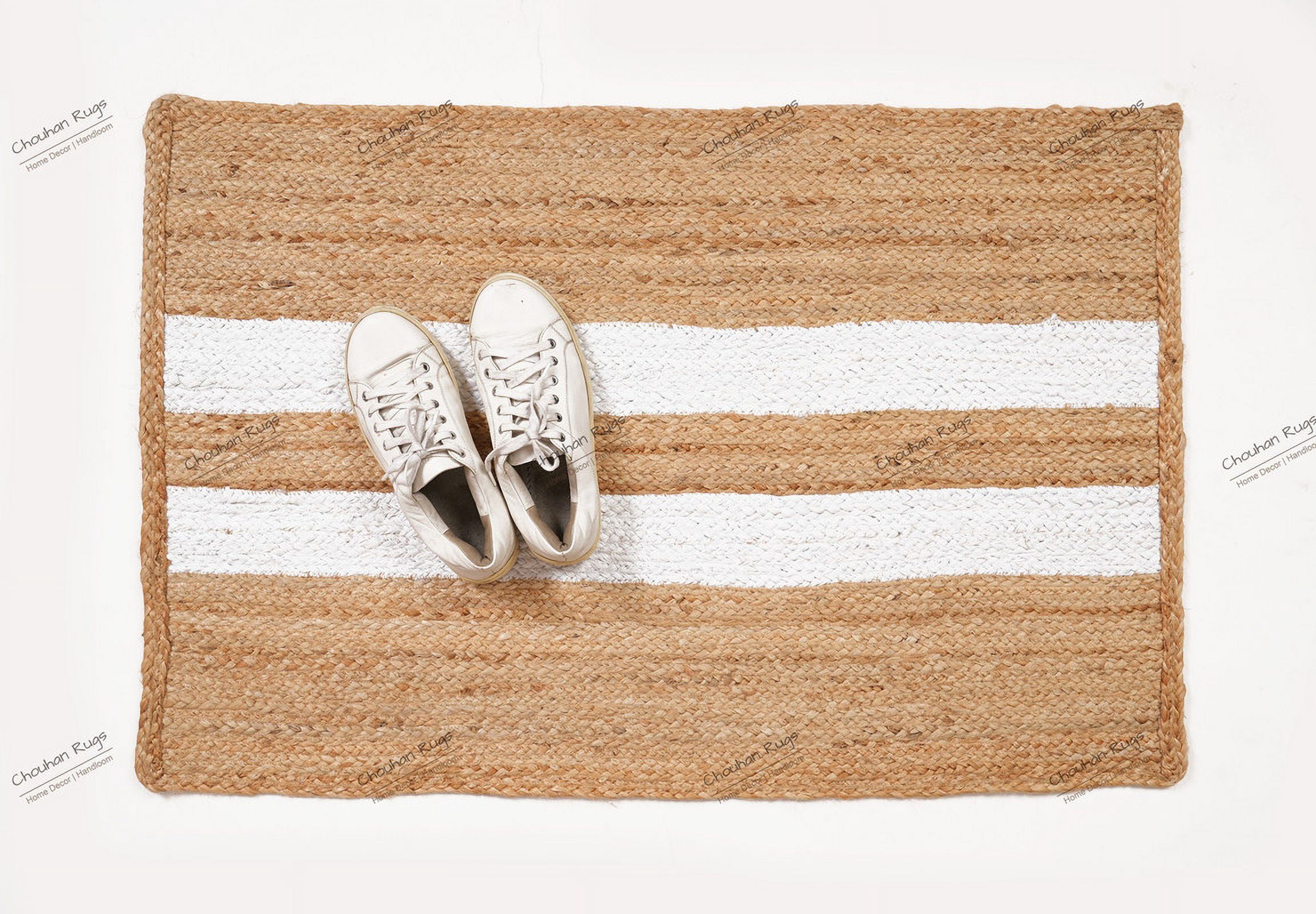 Rectangle Rug Natural Jute Rug Hand Braided Beige And White Color Area Rug