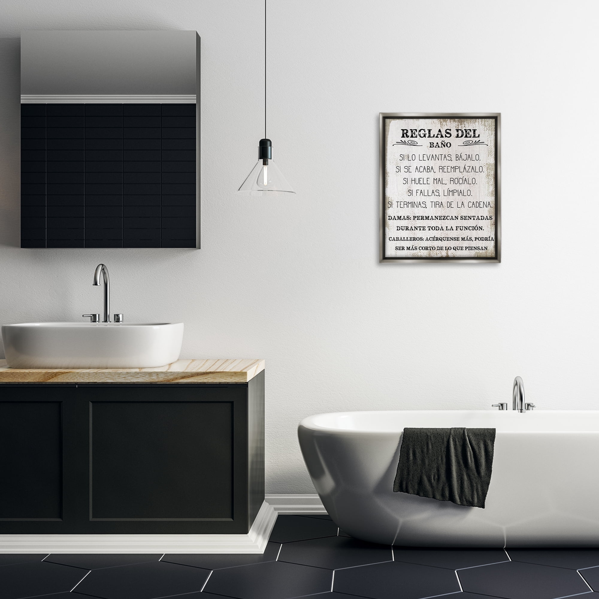 Stupell Industries Reglas Divertidas del Baño Bath & Laundry Painting Gray Floater Framed Art Print Wall Art, 17 x 21