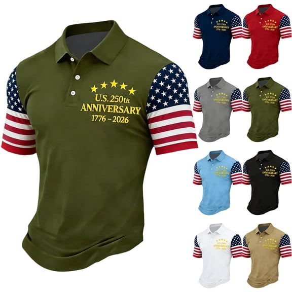250 Years of Freedom Polo Shirts for Men 1776-2026 American Flag Print Patriotic Classic Fit Short Sleeve Lightweight America 250 Casual Polo Shirts, #03 Army Green, M