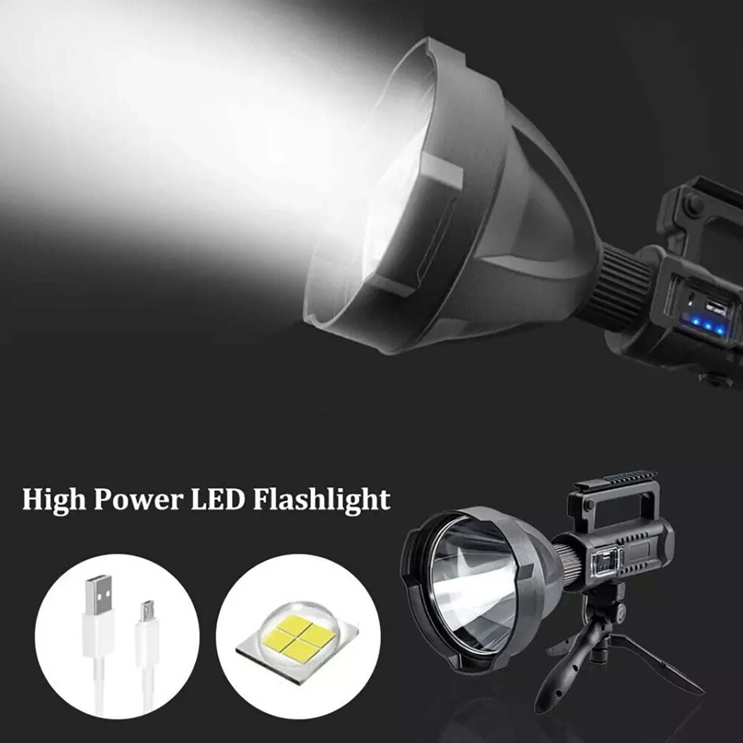 Rechargeable LED Flashlight, 100000 Lumens Super Bright, Waterproof Searchlight with Tripod, 4 Modes, USB Power Bank, for Camping, Hunting, Emergencies
