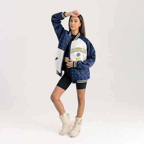 Women's Gameday Couture Navy Nashville SC Refined Rivalries Rhinestone Raglan Full-Snap Varsity Bomber Jacket