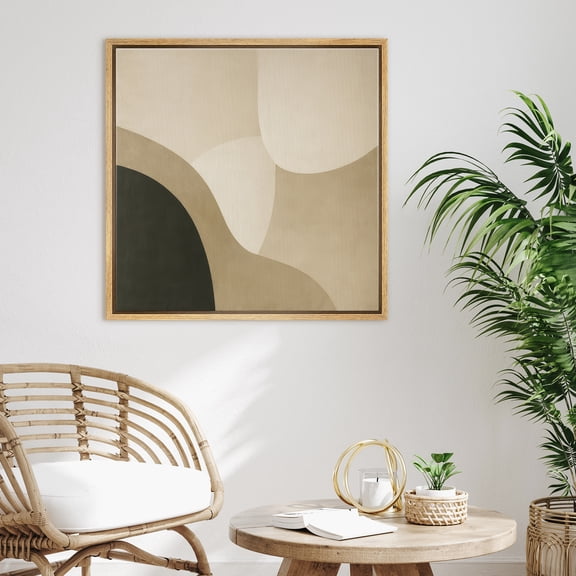 Framed Canvas Print Mid-Century Modern Abstract Geometric Wall Art Neutral Decorative for Living Room Bedroom - 16"x16" NATURAL