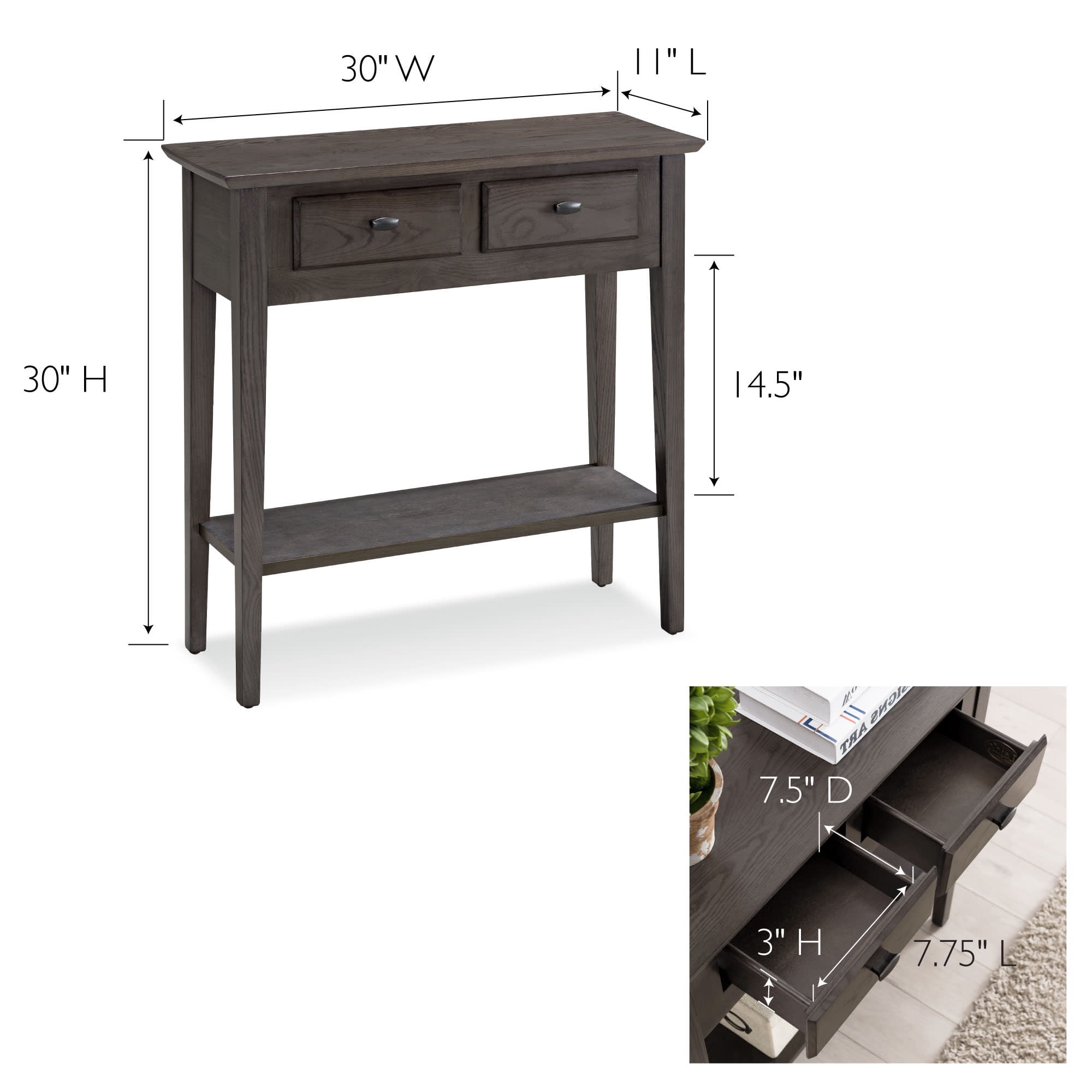 Leick Home Teegan Solid Wood 2-Drawer Entryway Console Table with Shelf, Smoke Gray