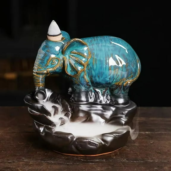 1pc Handicrafts Blue Elephant Backflow Incense Burner Ceramic Incense Censer Home Ornament (Without Incense)