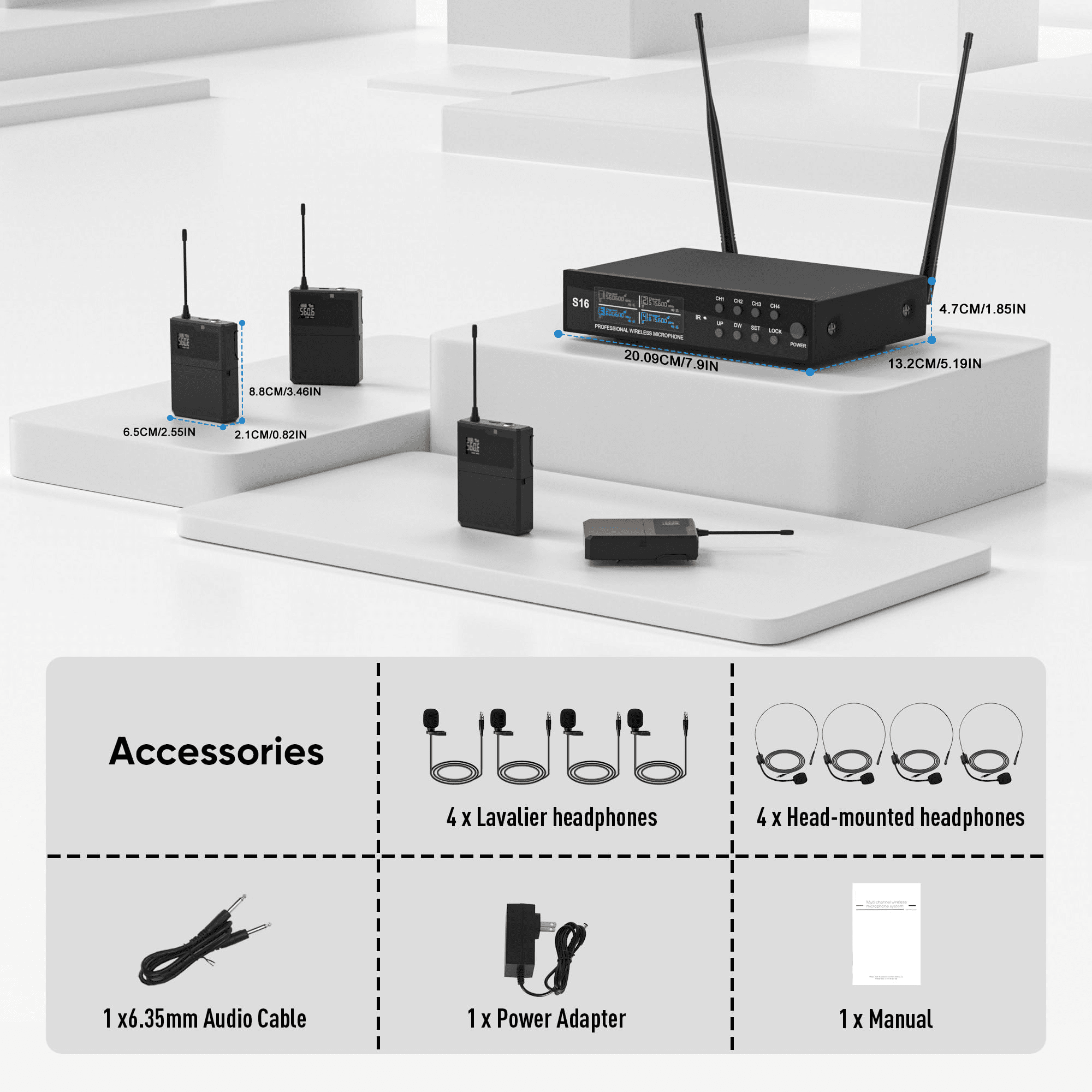 Lapel Wireless Microphone System with Headset & Lavalier Mics, Pro 4 Channel UHF Mics Set with Bodypack Transmitter & Metal Receiver, 200 Adjustable Frequency, 300ft Range for Church, Party