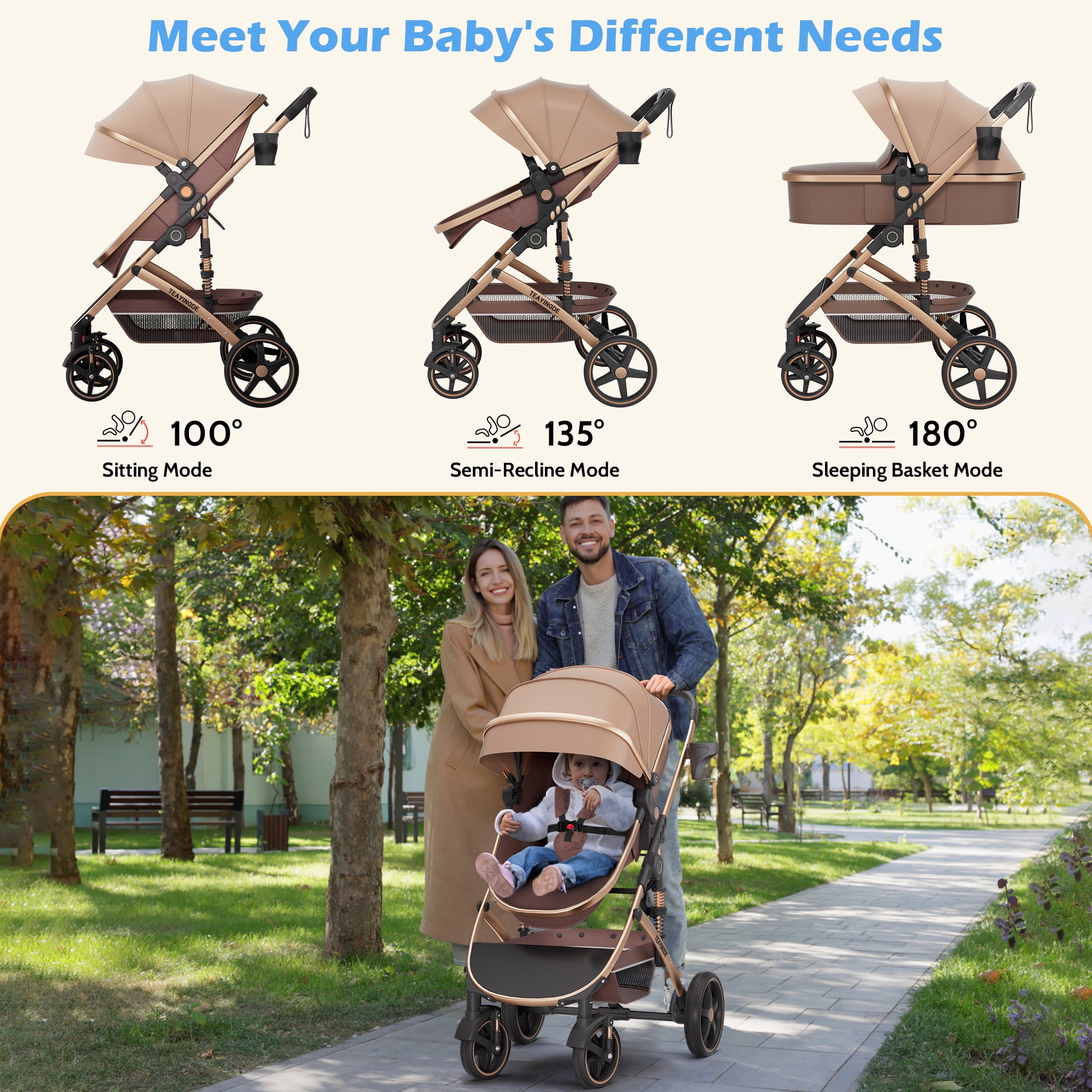 babyeap 2 in 1 Baby Stroller,Foldable Lightweight Carriage Reversible Bassinet Pram for Toddler,Travel Stroller with with Cup Holder、Storage Bag,Brown