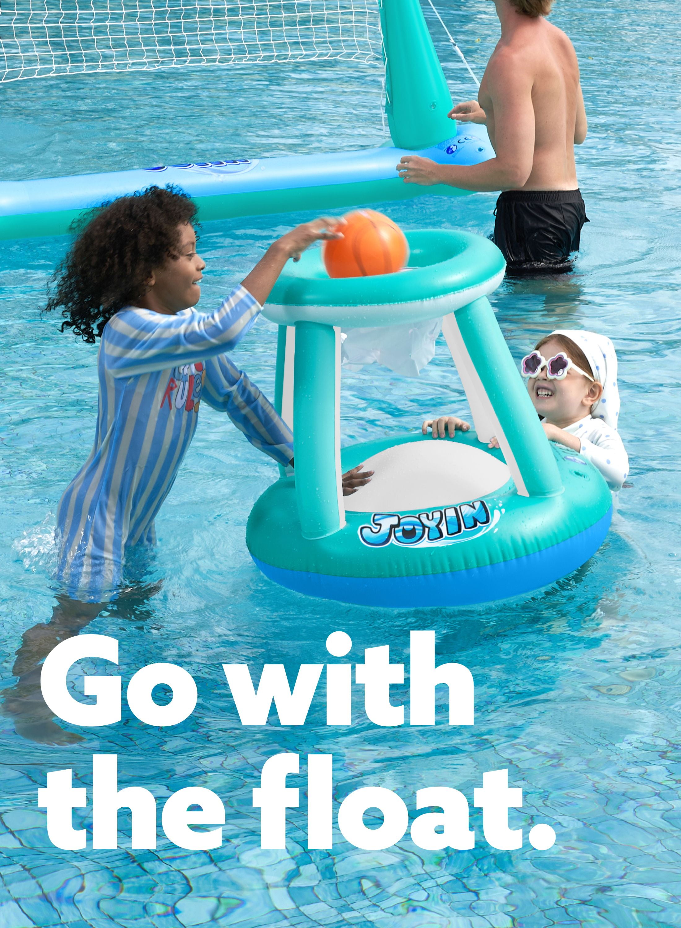 Joyfy Inflatable Pool Float Set Pool Volleyball Net & Basketball Hoops, Summer Pool Toys for Kids and Pool Game Adults, Volleyball Court (105”x28”x35”)|Basketball (27”x23”x27”),L-Blue