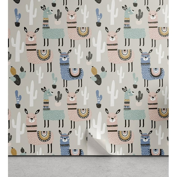 Ambesonne Hipster Peel & Stick Wallpaper for Home, Llama Cartoon Art, 13"x36", Multicolor