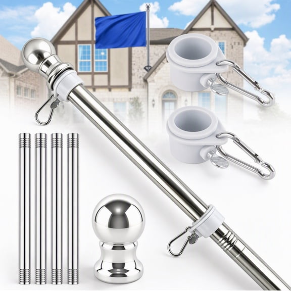 5 FT Flag Pole for Outside Porch, Rotating Stainless Steel Flagpole, Metal Rings, Fits 3x5 Banner, Silver