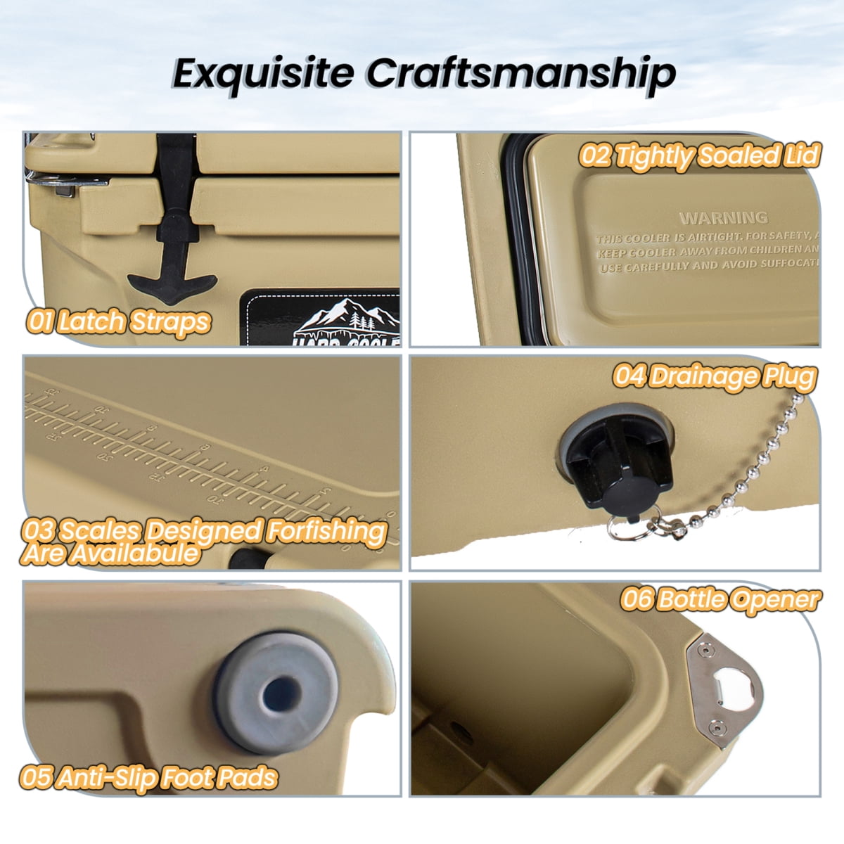 20 Quart Khaki Cooler, Ultra-Light Insulated Ice Chest, Heavy-Duty Hard Shell Cooler with 6-Day Ice Retention for Camping, Tailgating, Job Site, Multiple Sizes Available