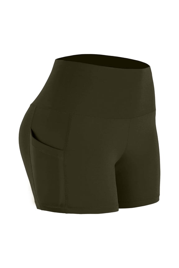 Biker Shorts Women Tummy Control Workout Shorts Women with Pockets High Waisted Yoga Running Gym Spandex Compression Army Green,S