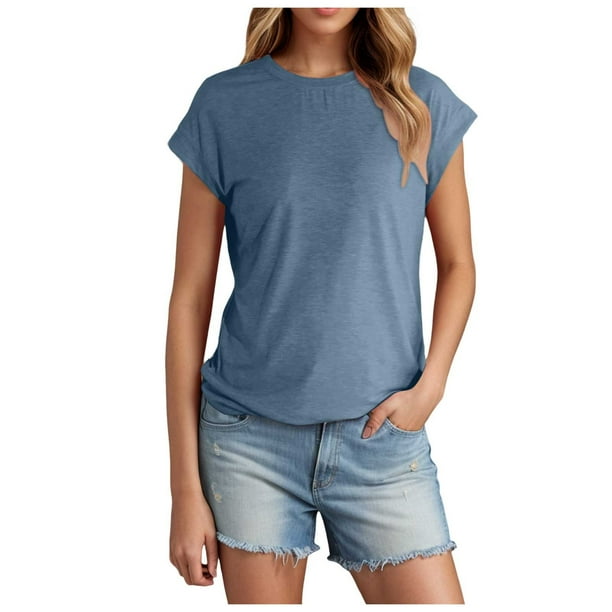 Camiseta de manga corta de punto acanalado para mujer 2025: camiseta con cuello redondo, mangas cubiertas con bloques de color y corte ajustado, confeccionada en tejido elástico de poliéster y span