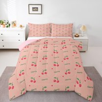jejeloiu Cute Cherry Queen Comforter Set,Kawaii Fruit Bedding Sets,Red Green Bedding Comforter Set For Girls,Ultra Soft Home Decor Reversible,3pcs