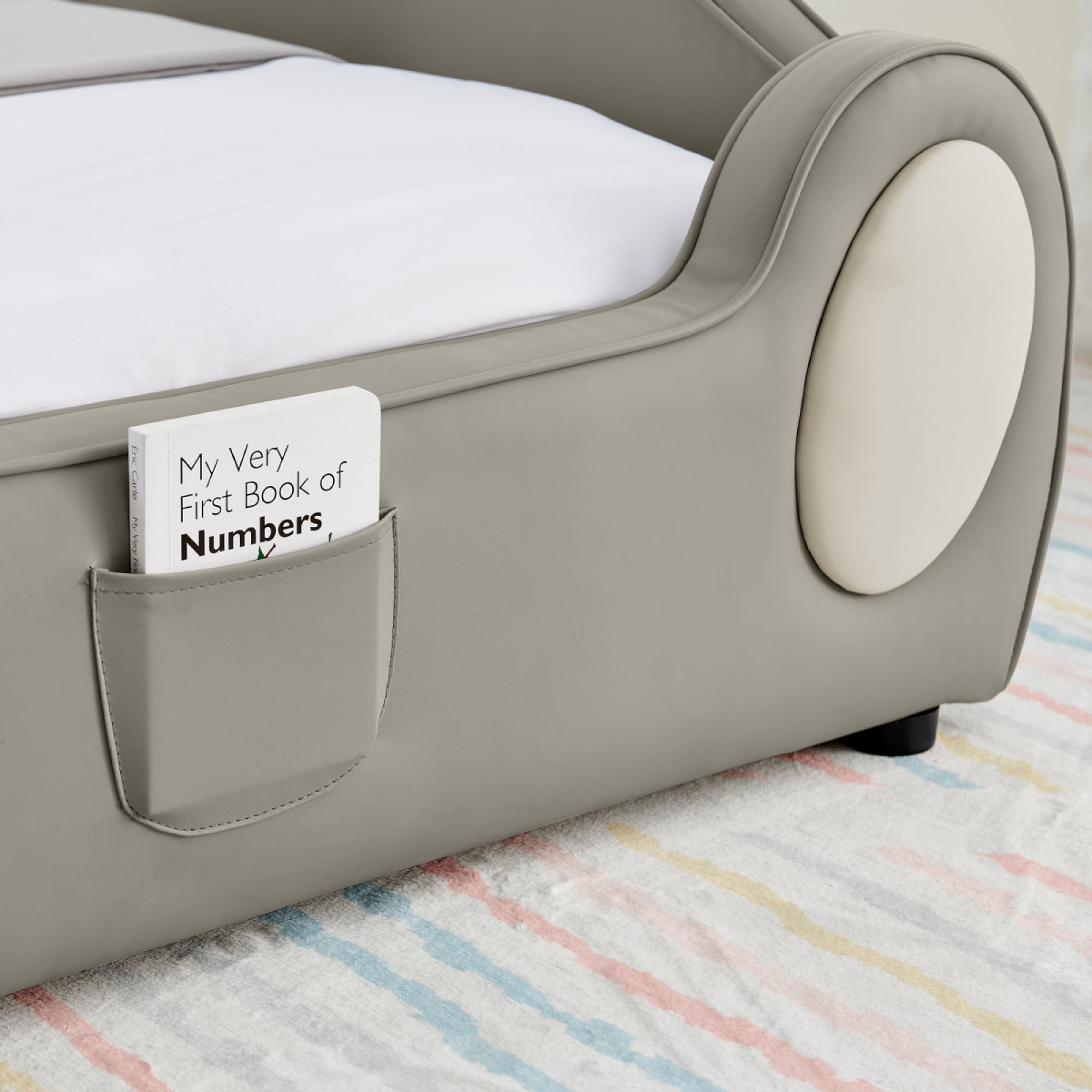 Twin Size Cute Cloud Shape PU Leather Bed with Guardrails, Safety Toddler Bed with Cartoon and Storage Pocket,Beige + Grey