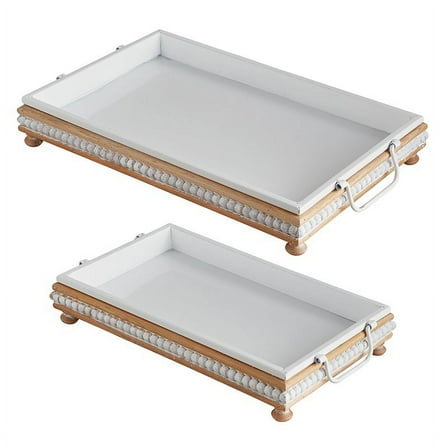 Beaded White Wood Trays S/2