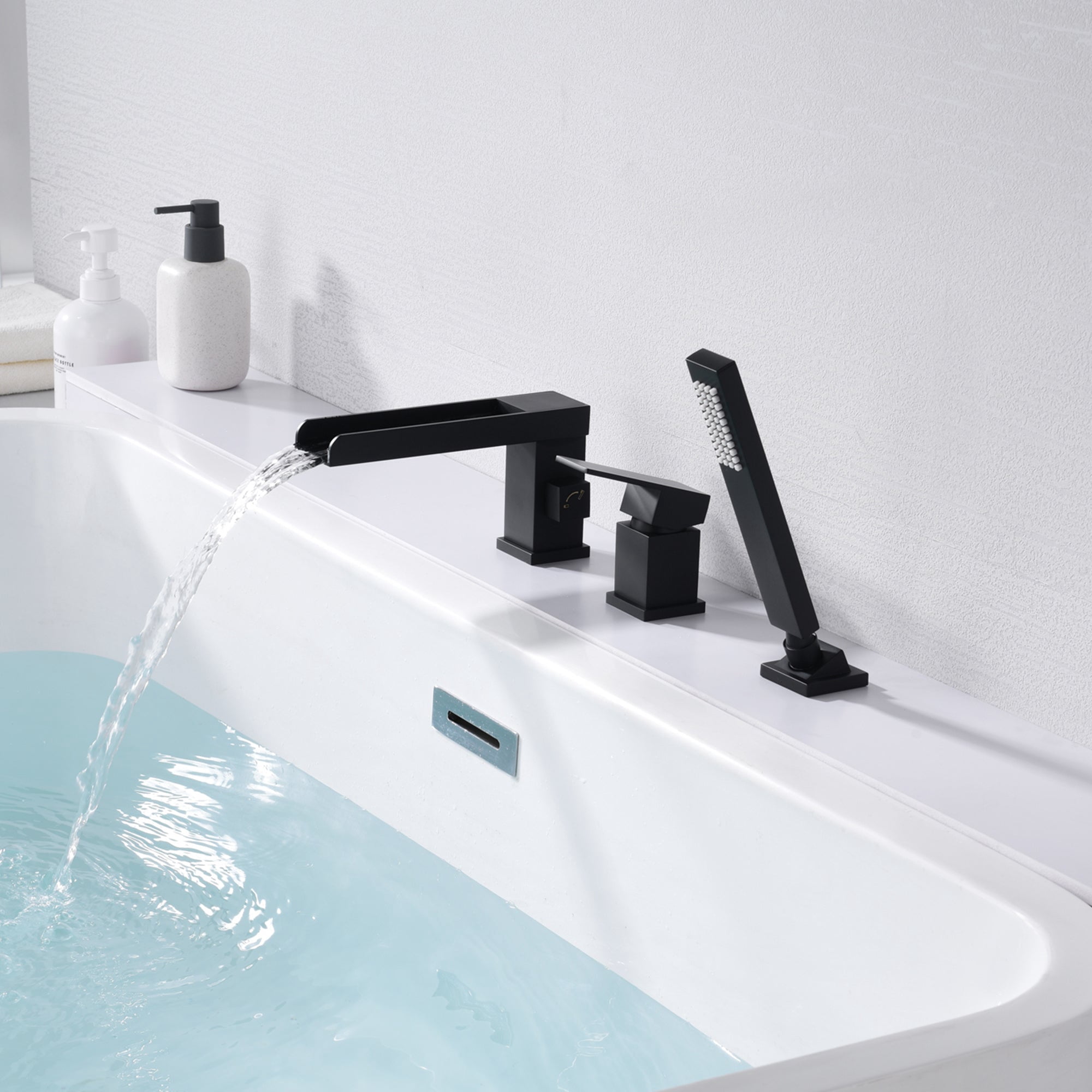 SUMERAIN 3 Hole Black Waterfall Roman Tub Faucet, Deck Mount Tub Filler with Hand Shower
