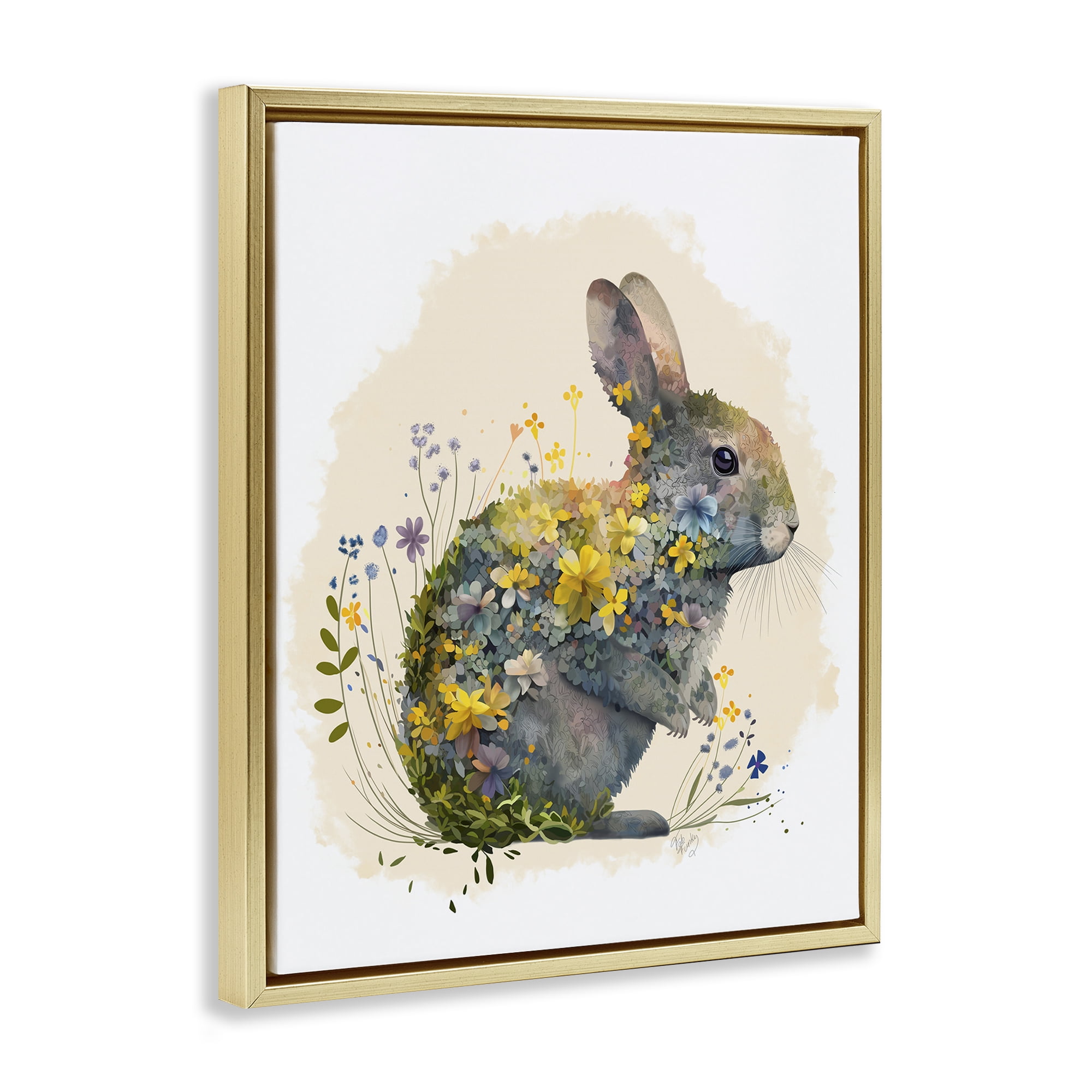Stupell Industries Rabbit with Buttercup Flowers Animals & Insects Painting Gold Floater Framed Canvas Art Print Wall Art, 17 x 21