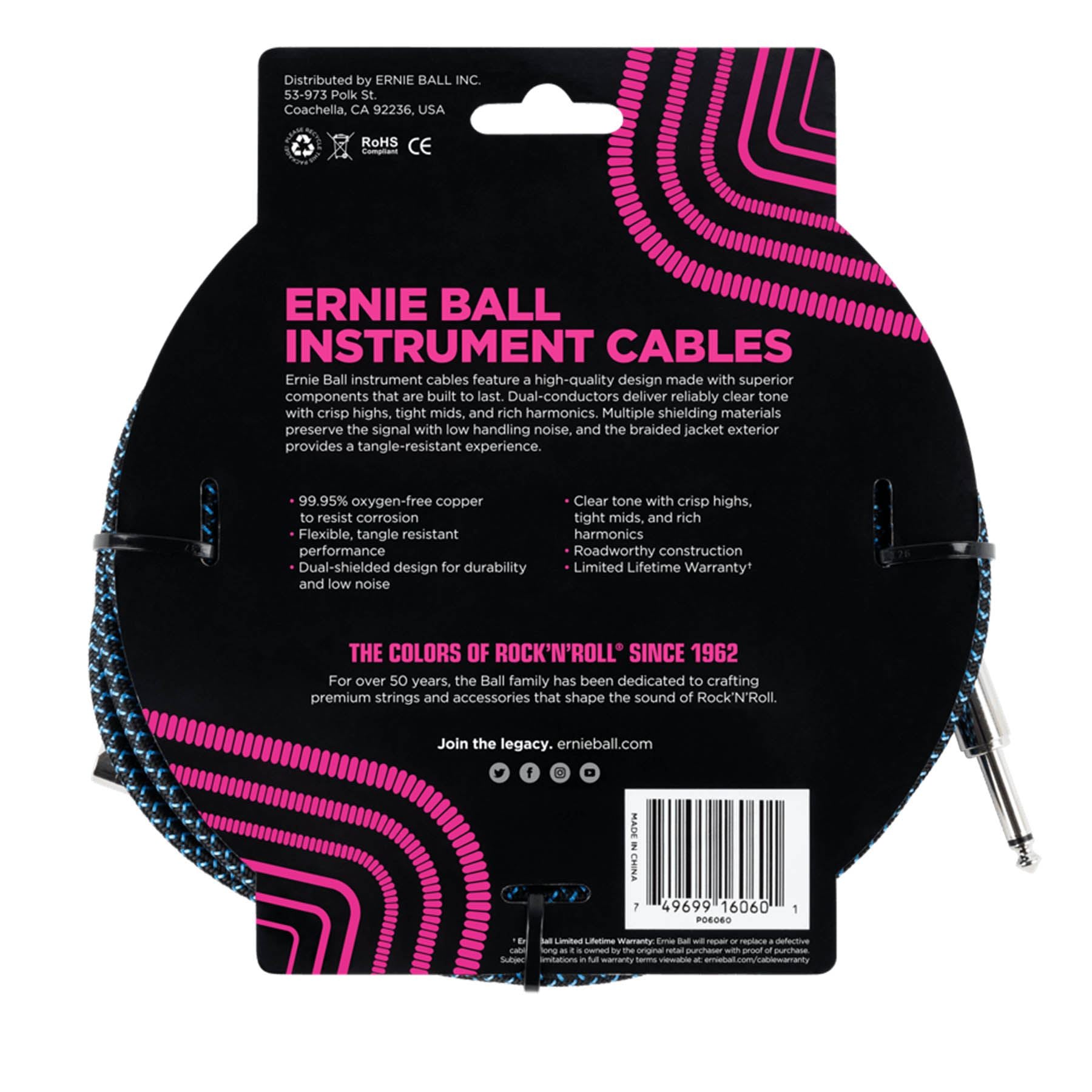 Ernie Ball 25 ft Braided Instrument Cable, Straight/Angle, Blue & Black