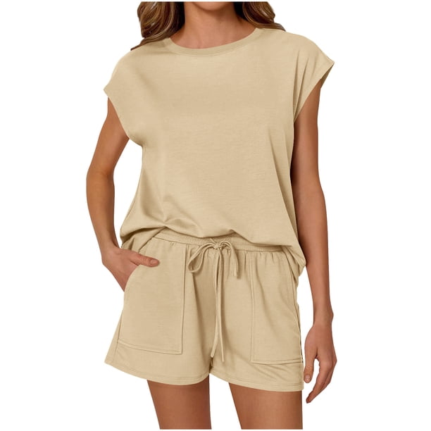 Tops Y Blusas de Mujer de Verano Cuello Redondo Manga Corta con Cordón de Cintura Y Bolsillo Pantalones Cortos de Dos Piezas
