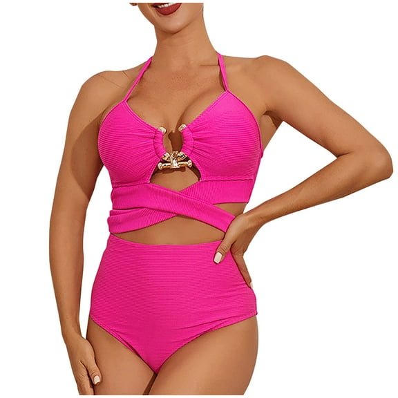 Womens Bathing Suits Modest High Waist Bikini Sets Cute Halter 2 Piece Swimsuit Cut Out Trendy Swimwear Pink,XL