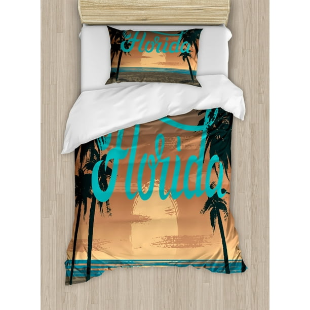 Florida Duvet Cover Set Twin Size, Hand Painting Style Grungy Sunset
