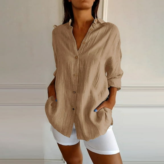 Women's Single Breasted Pleated Lapel Shirt Independent Station Explosion Women's Solid Color European And American Sleeve Top Khaki