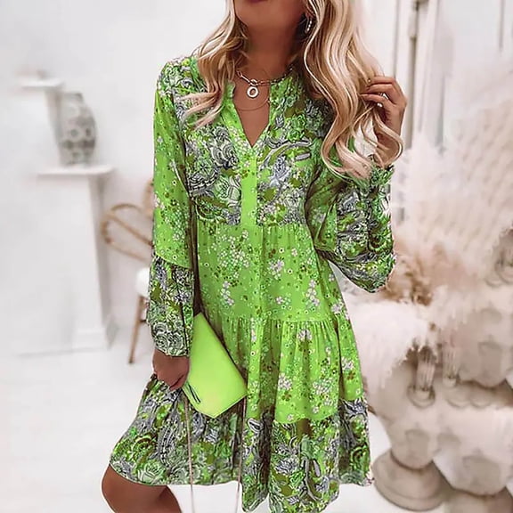 BLTIBY 2025 Women's Bohemian Summer Dress Long Sleeve V Neck Floral Printed Boho Casual Loose Fashion Dresses with Knee Length Green S