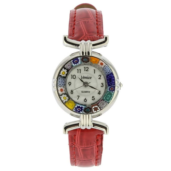 GlassOfVenice Murano Millefiori Watch With Leather Band - Silver Red Multicolor