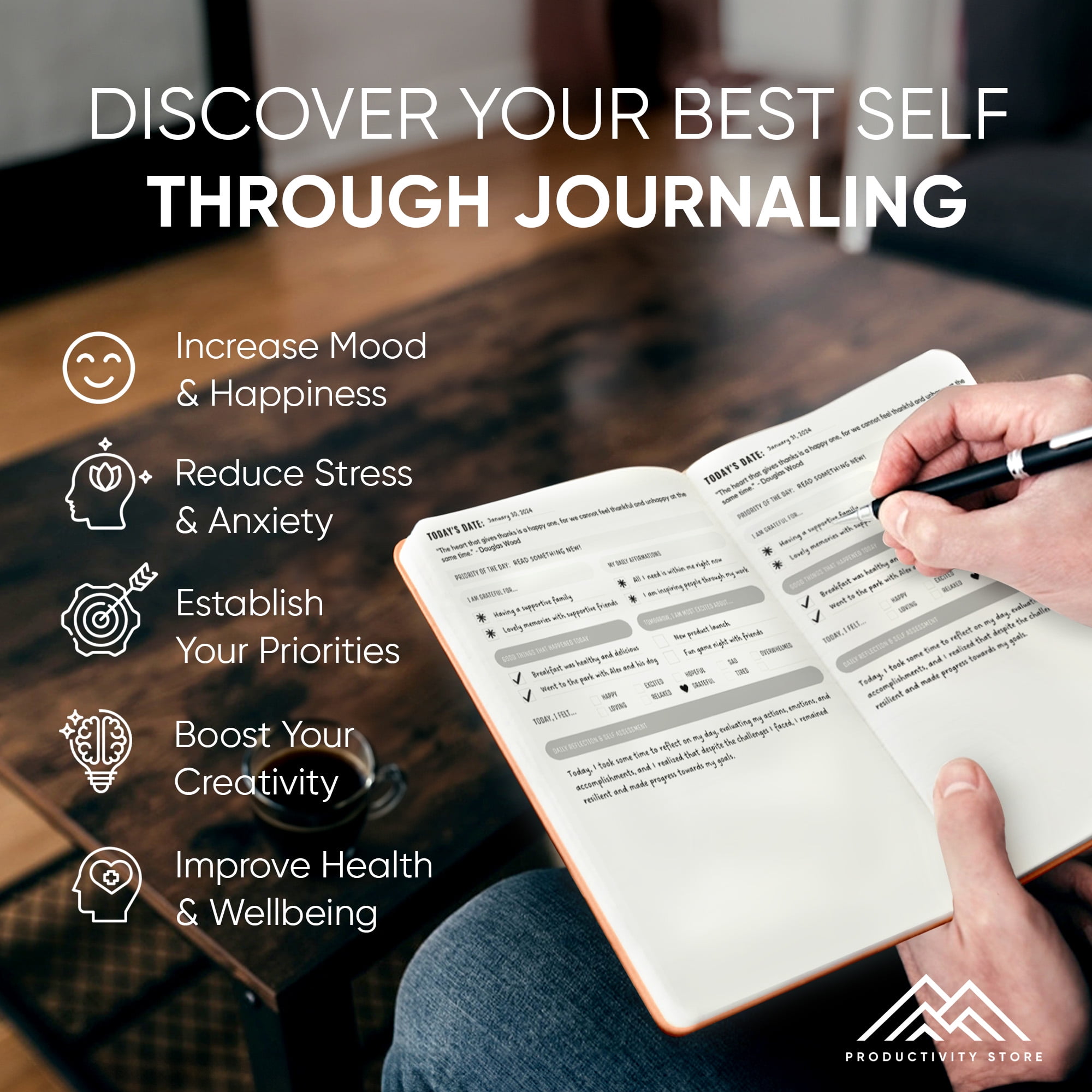 Daily Journal For Mindfulness & Productivity - Inspirational Journals To Write In, Writing Prompt Journal & Guided Journal Gifts For Men & Women - Hardcover Diary Notebook (Black)