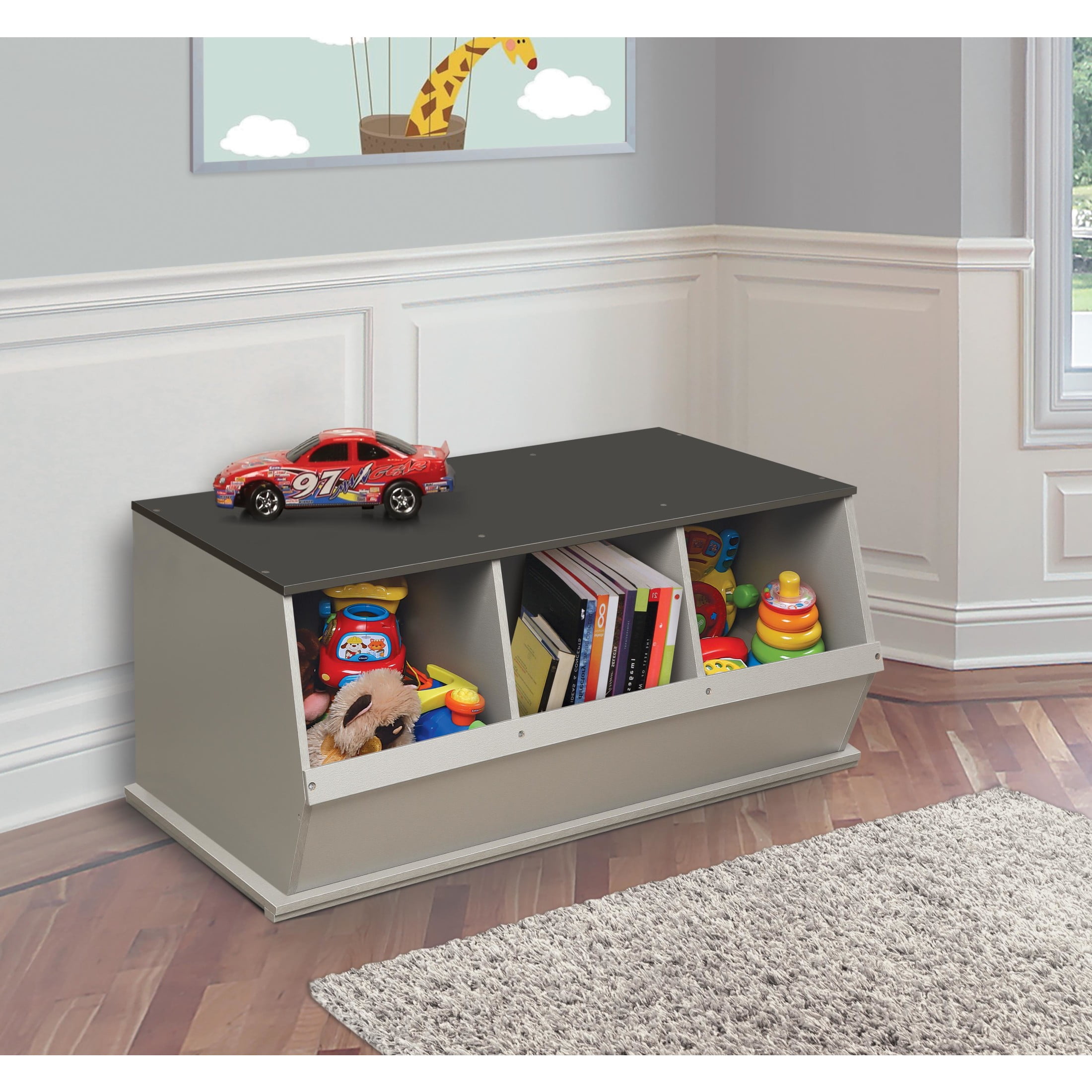 Badger Basket Children's Stackable Wooden 3-Bin 33 gal Toy Storage Cube, Woodgrain Gray