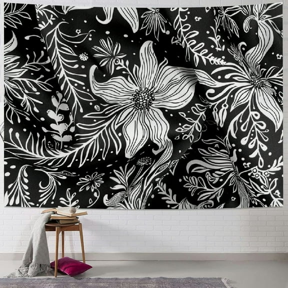 PRATYUS Black and White Floral Tapestry Bohemian Medallion Hippie Wall Tapestry for Bedroom Aesthetic Mandala Sketched Flower Plant Tapestry Wall Hanging for Living Room College Dorm
