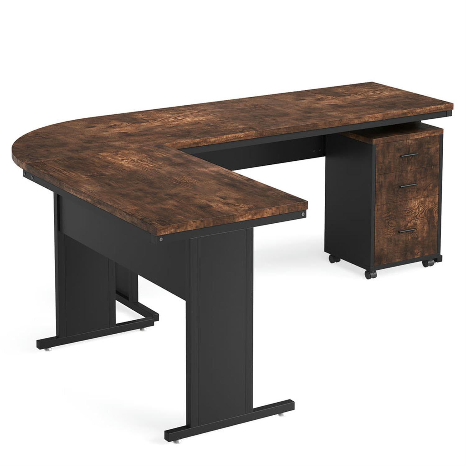 Demi Bonn Modern L Shaped Gaming Desk, 83" Industrial Corner Executive Desk with Mobile File Cabinet for Home Office, Brown